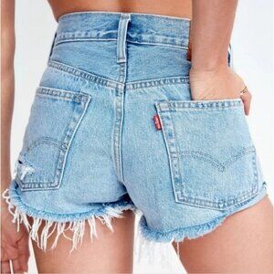Levis 501 Denim Jean Shorts High Waisted Cutoffs Button Fly Distressed Beach 32